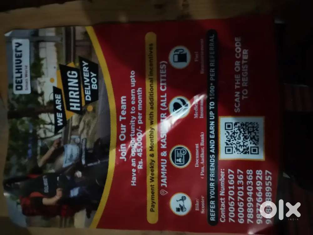 We are hiring delivery boys  At Rajouri,Poonch, Thanamandi,Naushera