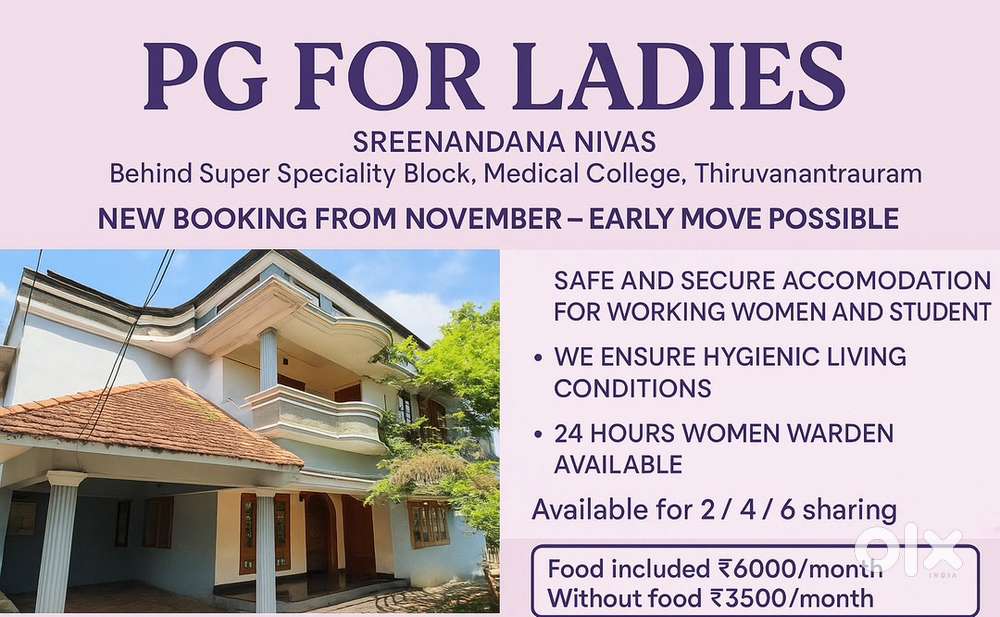 PG Rooms on sharing for ladiesRs6000 in Medical College–Food Optional