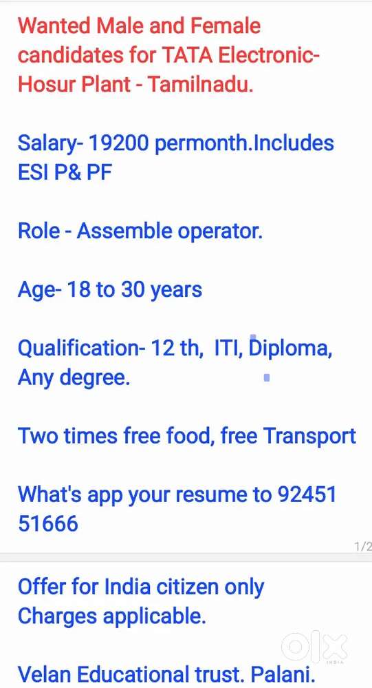 TATA Electronics Hosur- Male and female candidates