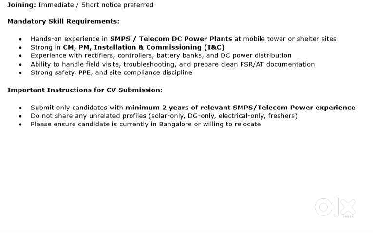 Field Service Engineer (Telecom Power / SMPS) – Bangalore: 2 Openings