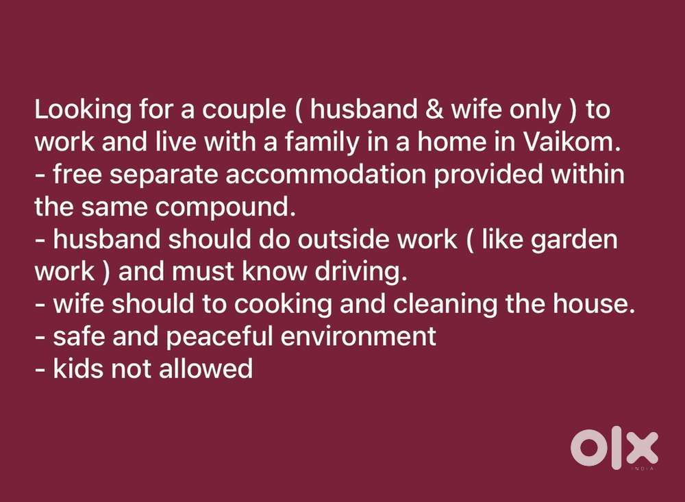 Looking for a couple to stay & work with a family in vaikom