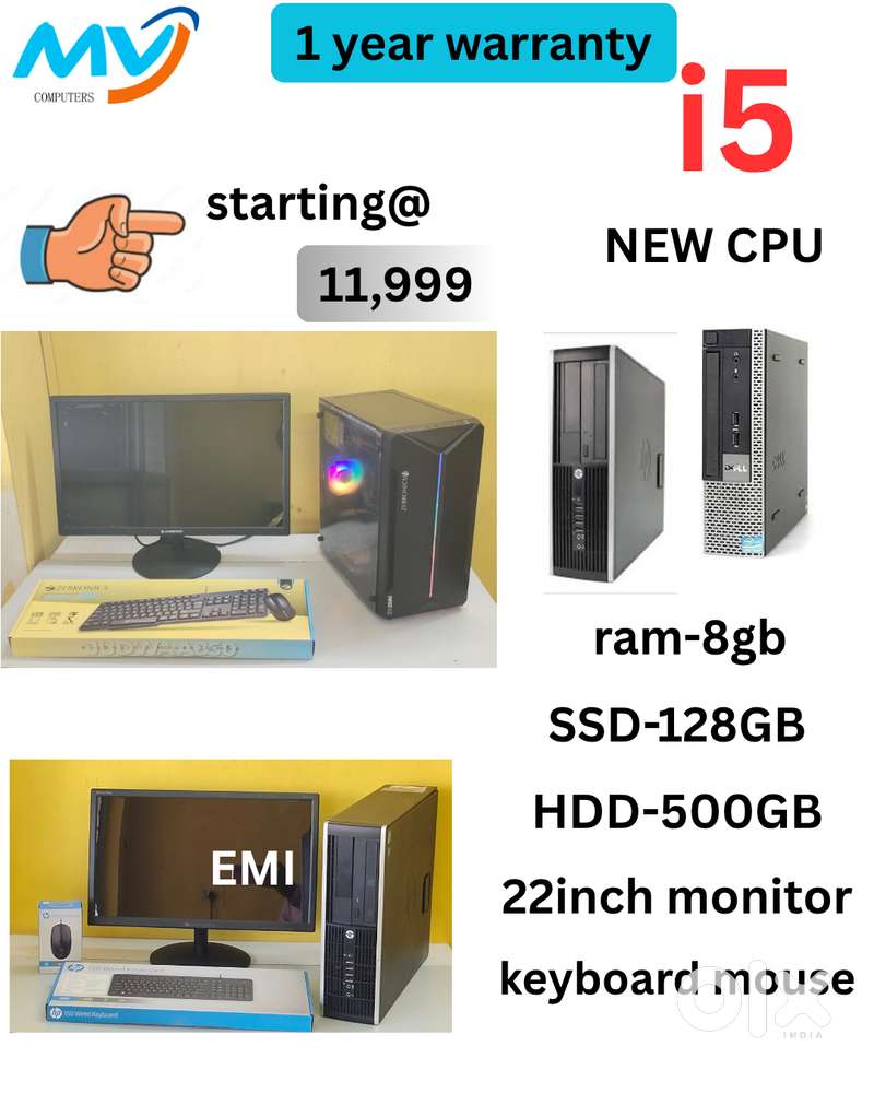 Branded CPU - i5 Process  Hard disk - 500GB  Monitor - 22-inch  Keybo