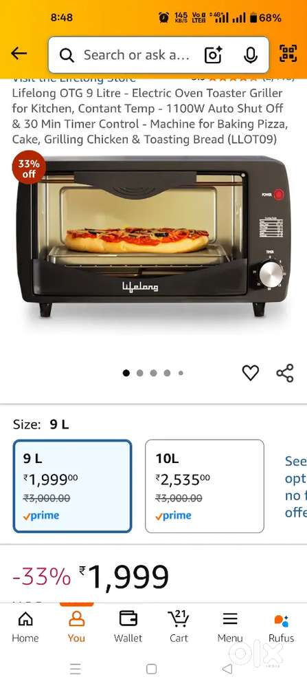 Lifelong OTG 9 Litre - Electric Oven Toaster Griller Kitchen, 1100W
