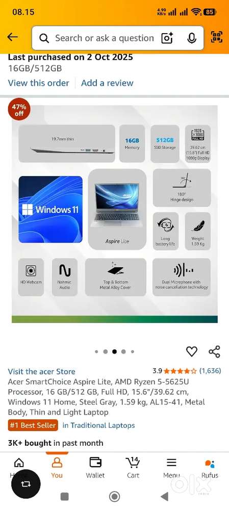 New Acer Laptop 350days warranty Ryzen5 16gb ram /512gb nvme m.2 ssd