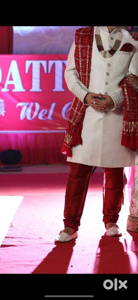 White and red  silk shervani