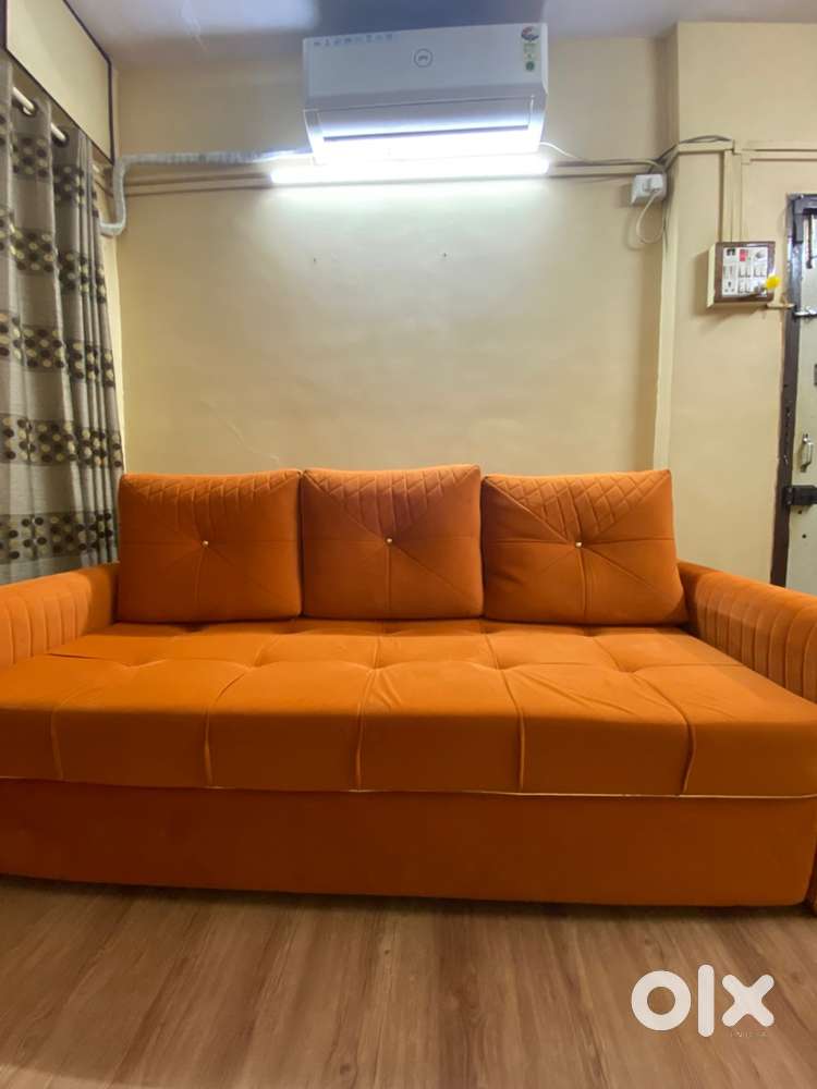 Bright Orange 3-Seater Sofa cum bed with Storage – Like New!