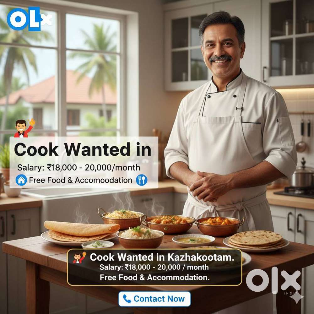Cook Wanted in Kazhakoottam  Salary ₹18k-₹20k