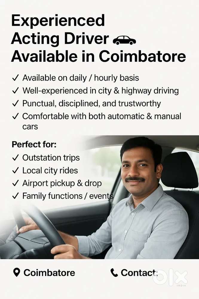 Experienced Acting Driver Available in Coimbatore – Daily / Hourly