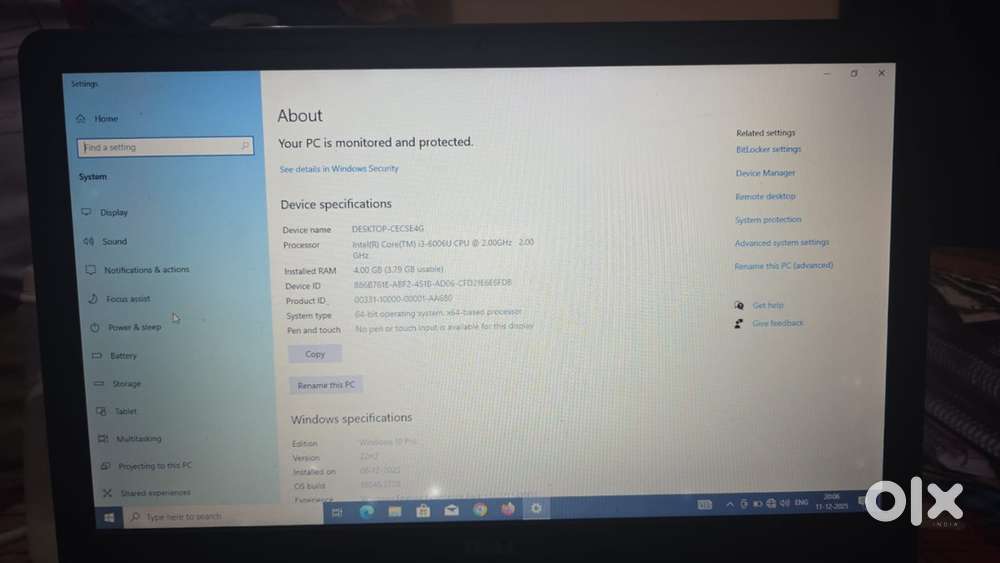 Dell Laptop  i3 6th Gen  4GB RAM  Windows 10 Pro  Good Condition