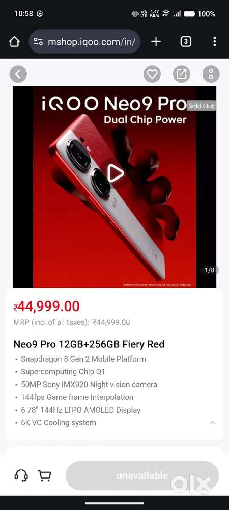 IQOO NEO 9 PRO 12 256 RED COLOUR 11 Months old LAST PRICE 23K