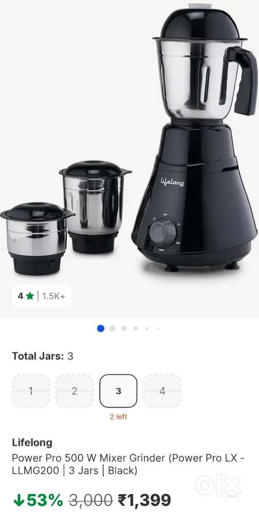Mixer Grinder, 3 Jars, 500
W, Brand New/ Untouched/ Seal packed