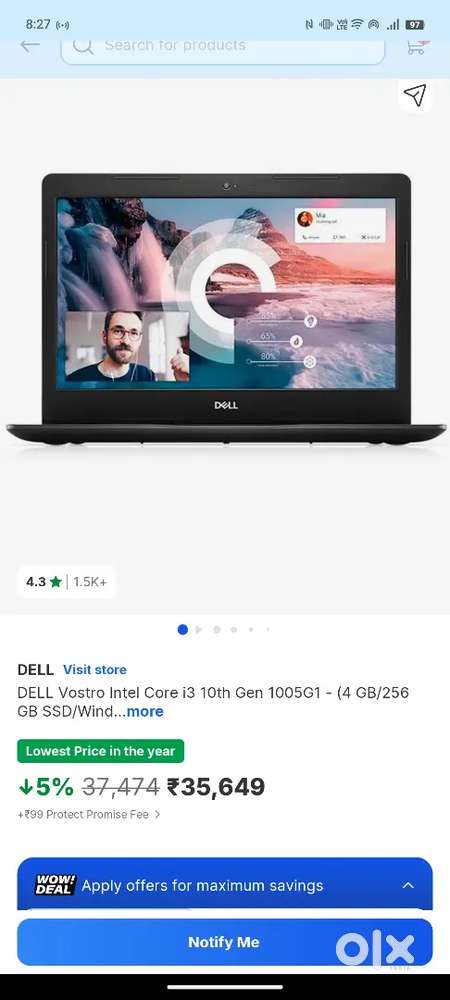 Dell Vostro Laptop Intel core i3 10th gen 1005G1 4GB 256GB Finger t...