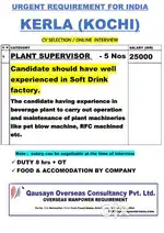 URGENT REQUIREMENT FOR INDIA KERLA (KOCHI)  PLANT SUPERVISOR