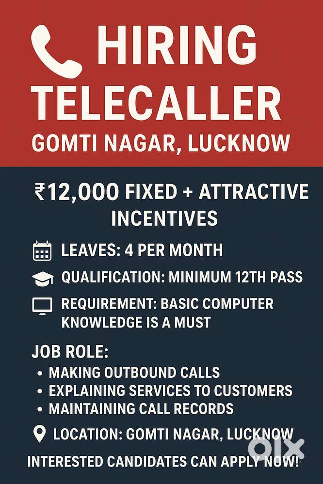 Hiring: Telecaller – Gomti Nagar, Lucknow