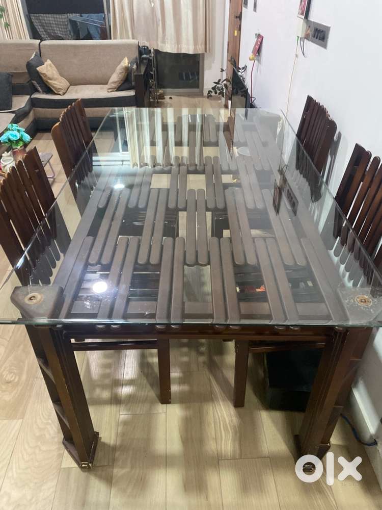 Glass Top Wooden Dining Table with 5 Chairs
