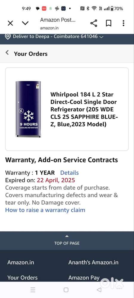 Almost new 184 L whirlpool fridge in excellent working condition