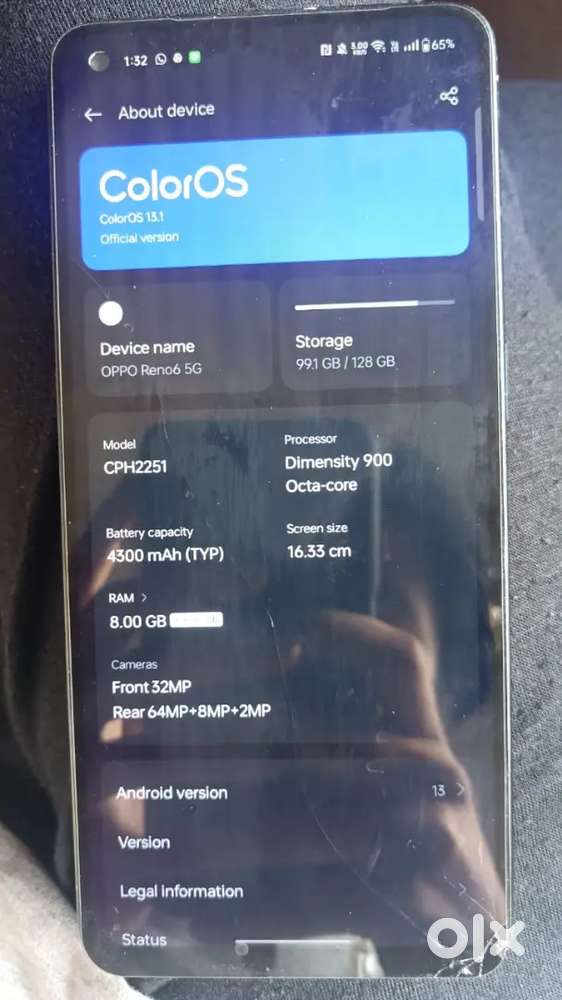 Oppo reno 6 5g 8gb+8 60fps