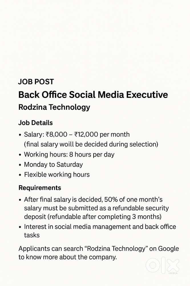 Back Office Social Media Executive