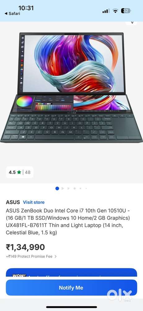Asus Zenbook Duo UX481FL Ultrabook (i7 10 gen, 16gb ram 1 TB SSD)