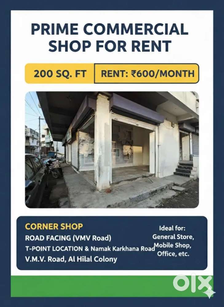Corner Road Facing Shop for Rent  VMV Road T-Point  Double Shutter