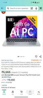 Acer Swift Go 14 Built-in AI PC Premium Laptop Intel Core Ultra 5 125H
