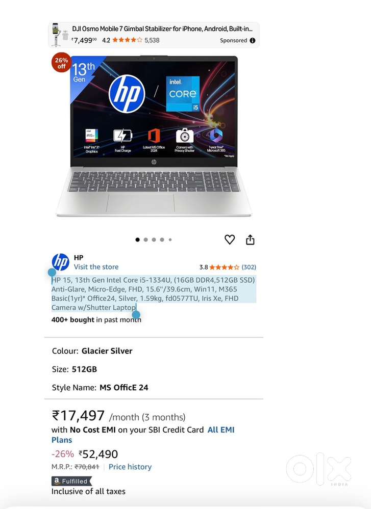 HP 15, 13th Gen Intel Core i5-1334U, (16GB DDR4,512GB SSD)