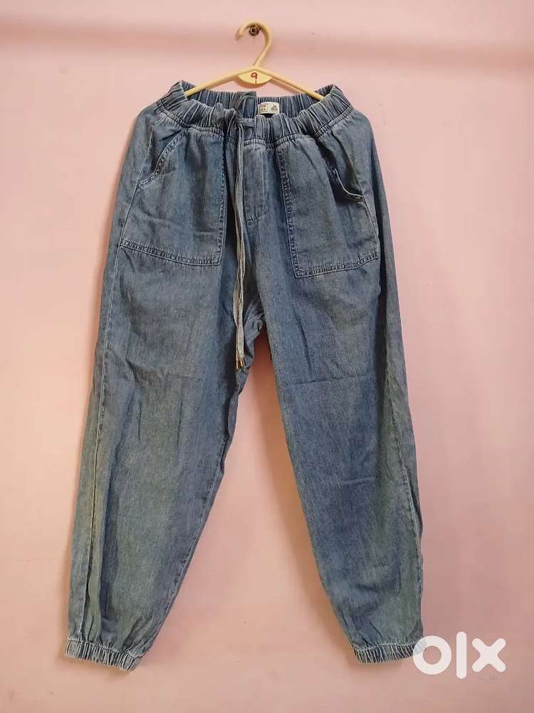 Casual Denim Jogger Pants with Elastic Waist & Pockets
