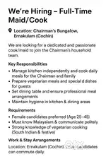 Maid / Cook – Chairman’s Bungalow, Ernakulam (Cochin)