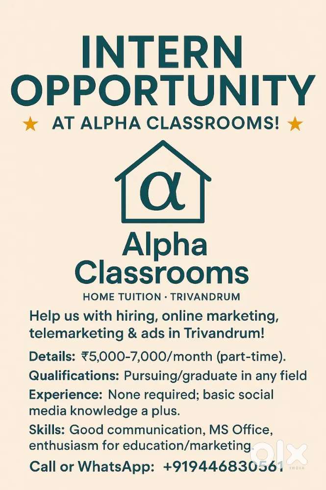 Intern oppertunity at Alpha classes Trivandrum