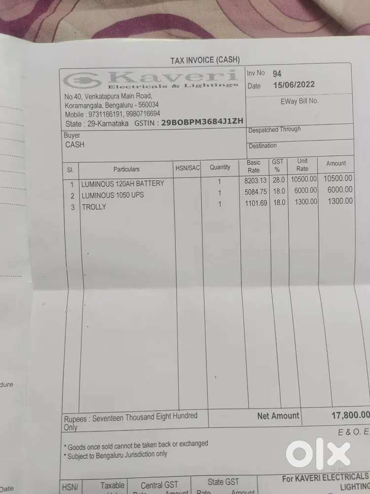 Inverter with battery, Luminous 120Ah and 1050 UPSinverter