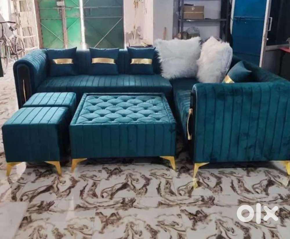 L shape sofa set with designing handle and stripes model and pillows