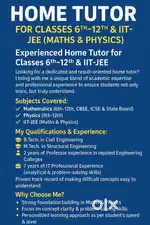 Experienced Home Tutor for Classes 6th–12th, IIT-JEE (Maths & Physics)
