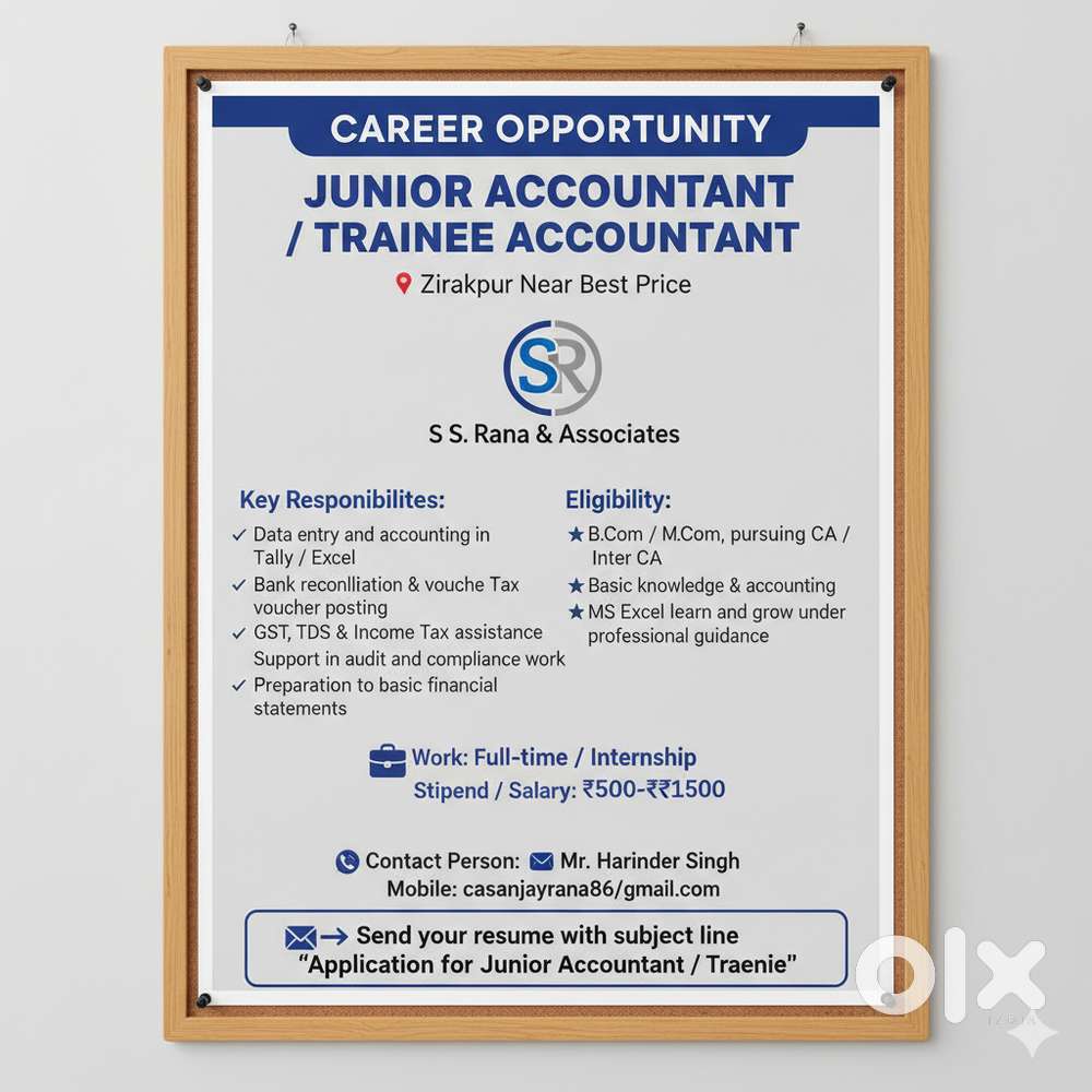 Trainee, Junior Accountant (Freshers and trainees are welcome)