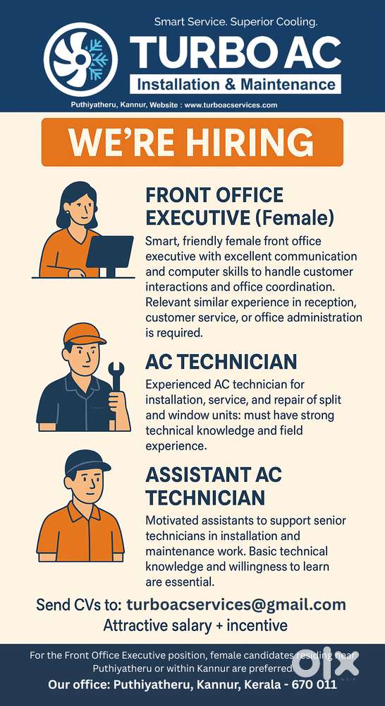 Front Office Executive, AC Technician job in Kannur