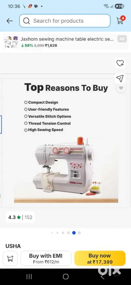 Usha Janome Wonder Stitch, Sewing Machine for Sale used 2-3 times
