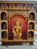 Handcrafted Auspicious Wooden Ganpati Mandap with Brass Finish Idols