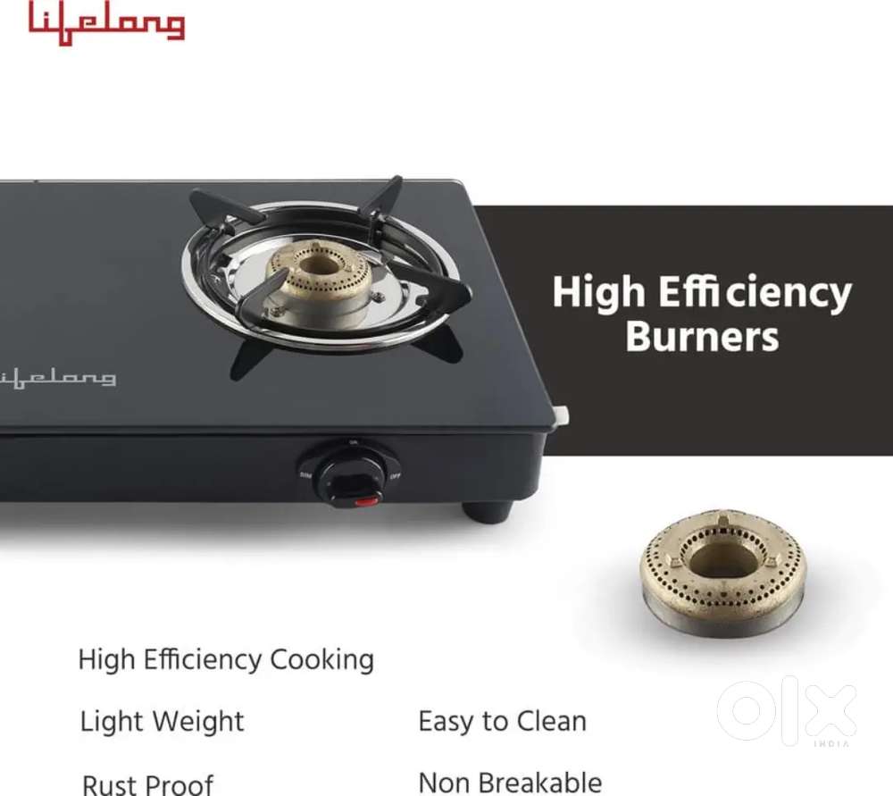 2 burners Lifelong glass gas stove ISI certified 2 year old high flame
