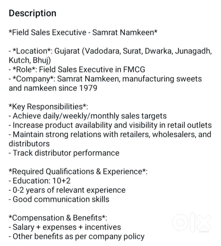 Samrat Sweet and Namkeen for Joining Contact HR Muskan