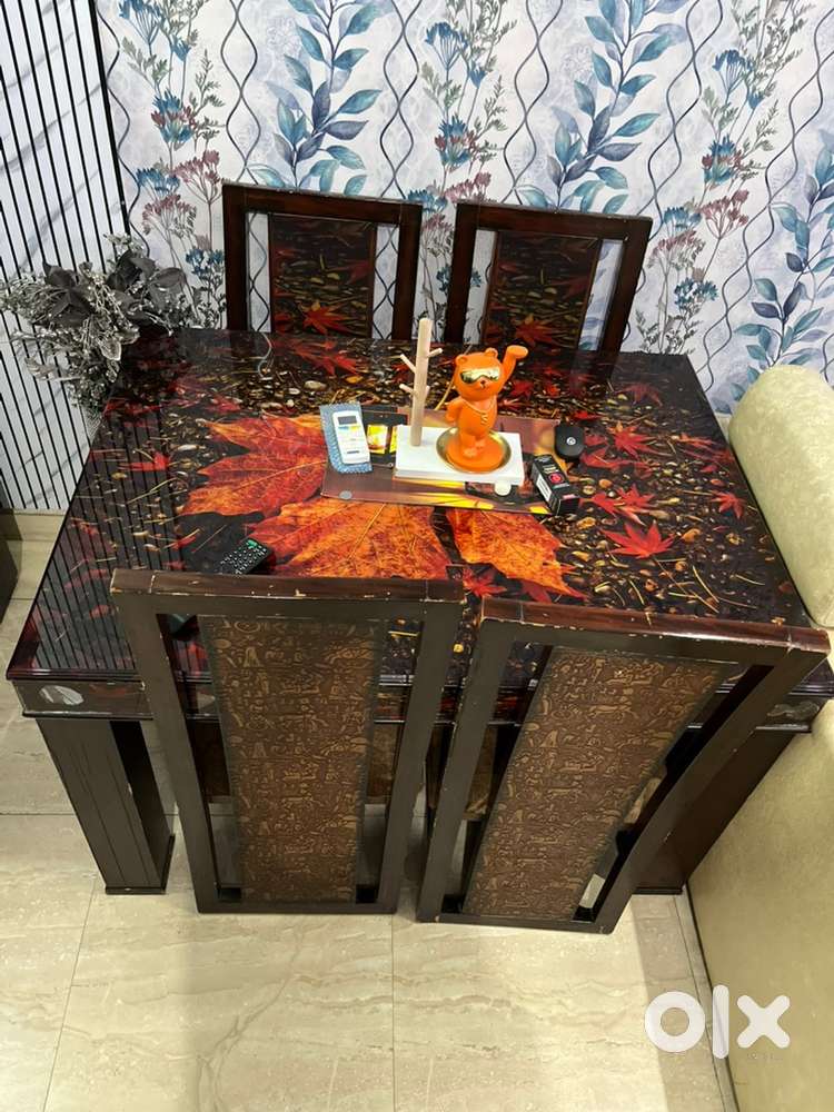 Wooden 4-Seater Dining Table(Glass top) with 4 Chairs