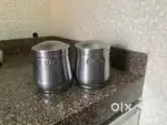 Tea / sugar steel barni set and open glass masala dabba