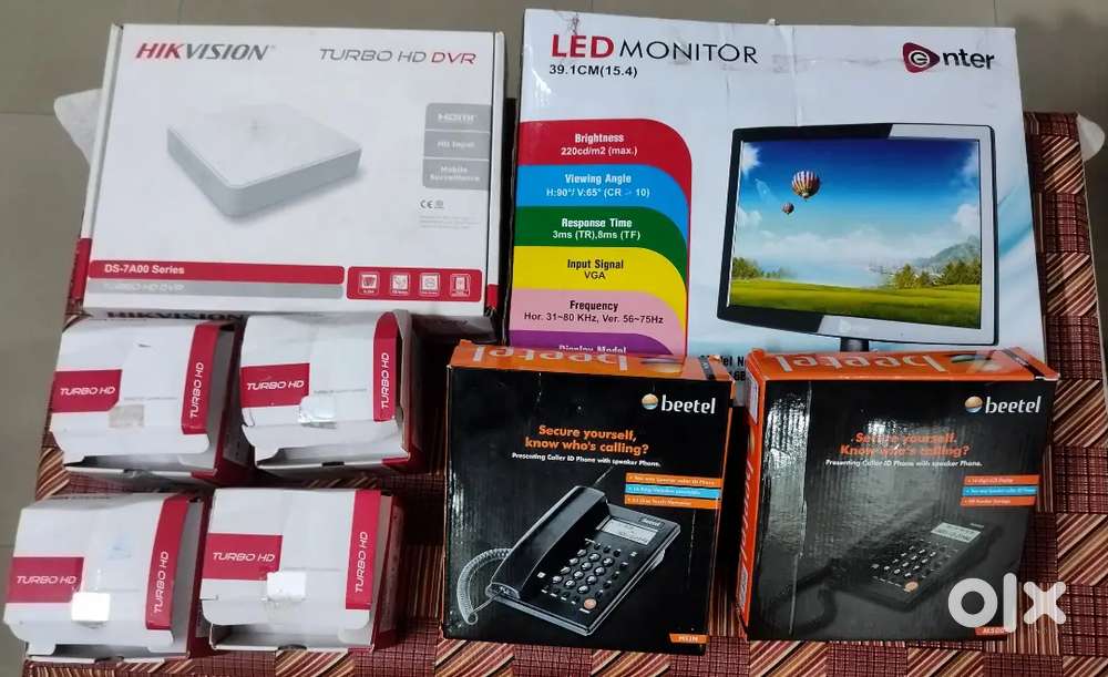 Hikvision CCTV 4Cameras+HD DVR +LED Monitor 2 caller ID Beetel Phones.