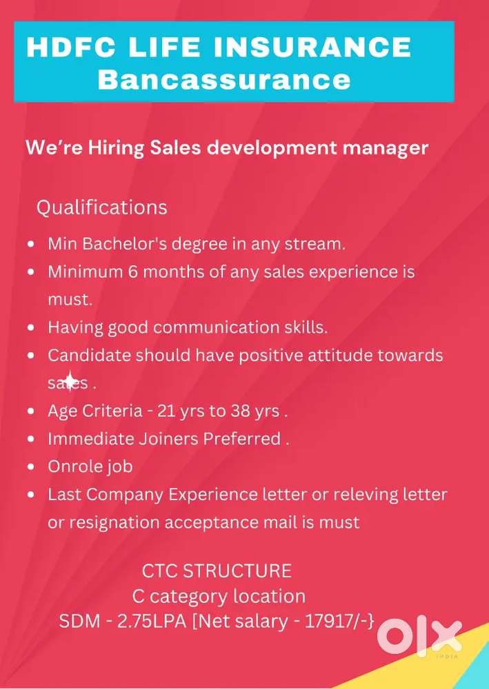 Chengannor/Bancassurance/HDFC life/Onrole/CTC 2.75 lpa