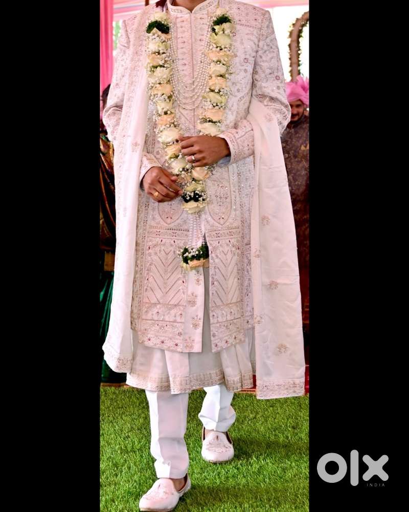 Groom’s Ivory Anarkali Sherwani + Shoes + Dupatta + Manyavar Mala