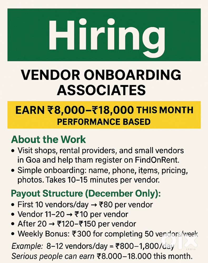 Vendor Onboarding (Field Work) – Earn ₹2k–4.5k Weekly  Goa