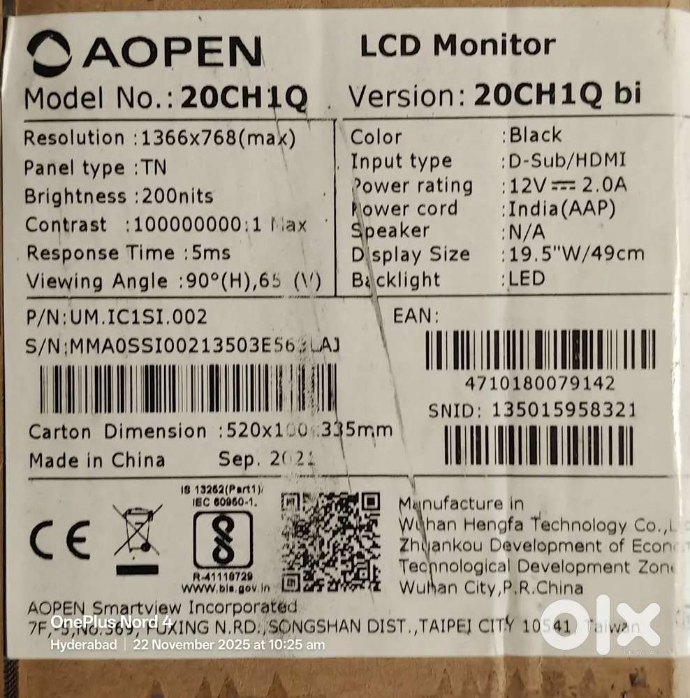 ACER 20CH1Q MOINTOR BRAND NEW