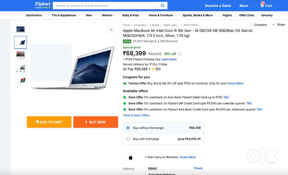 Apple MacBook Air Intel Core i5 5th Gen (8 GB/128 GB SSD/13.3/Silver)
