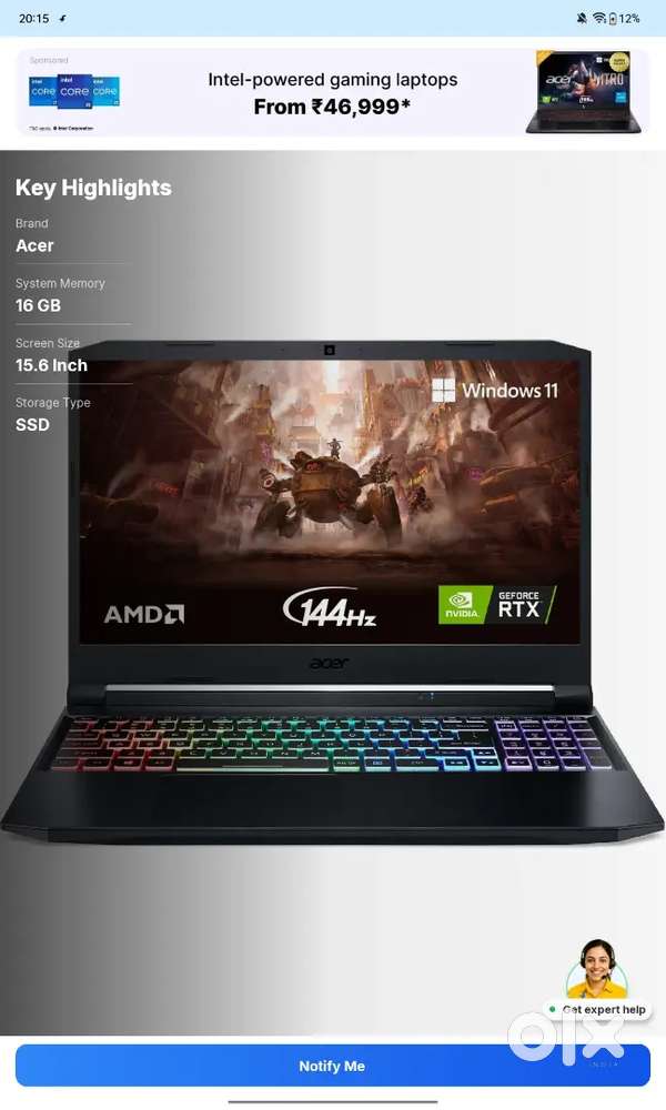Acer Nitro Ryzen 5 hexa core second hand leptop price 48500