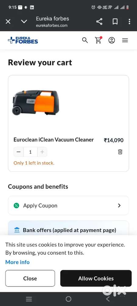 Eureka Forbes Euroclean iClean Vacuum Cleaner – Like New!