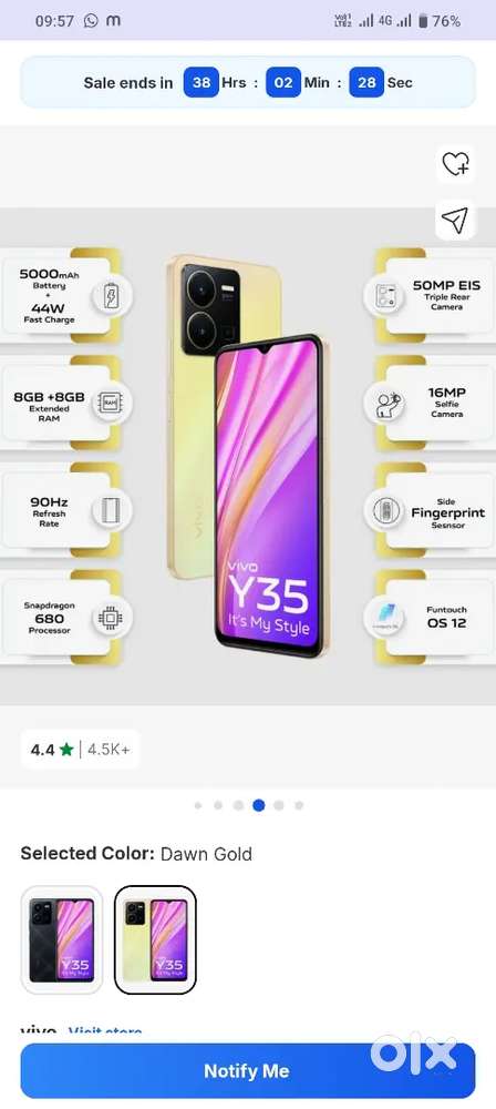 Vivo y35  Ram 8+8 internal storage 128gb