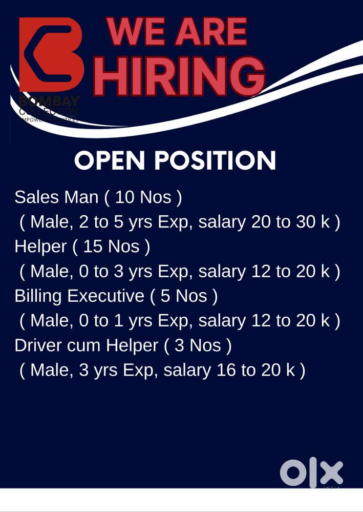 sales man, helper, billing and driver job openings